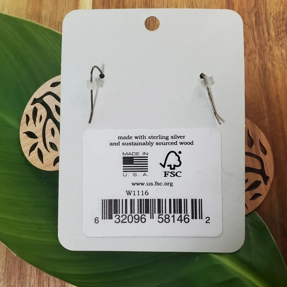 MANDALA Laser Cut Light Wood LG. Earrings Sterling Siver Bohemian Leaf NWT